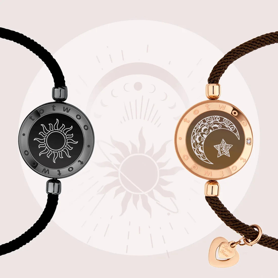totwoo Long Distance touch Light up&Vibrate Bracelets for Couples, Long Distance Relationship Gifts Smart Sun&Moon Love Bracelet