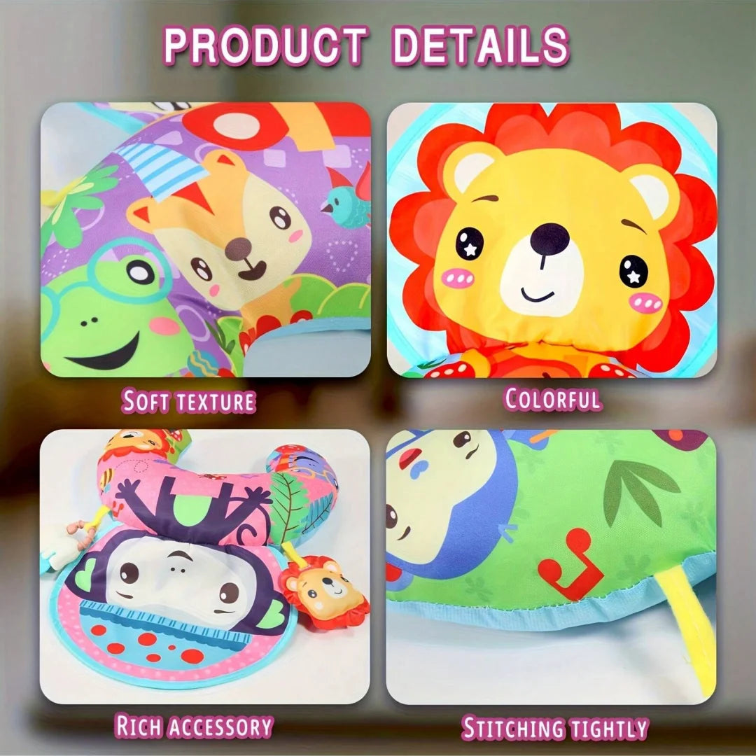 Colorful baby tummy time pillow with cartoon animal rattle toys and crawling mat from I YAN, designed for infant play and development.