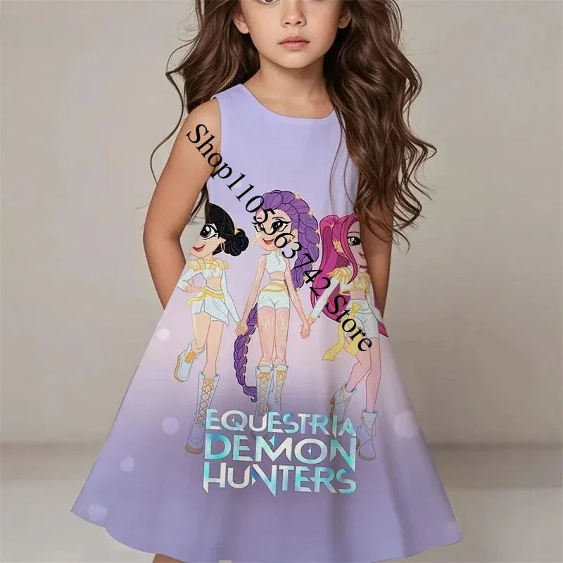 Girls Demon Hunters Kpop Dress 2026 Summer Kids Print Casual Beach Sleepwear  FashionKids Birthday Party Cosplay Costume 3-12Y