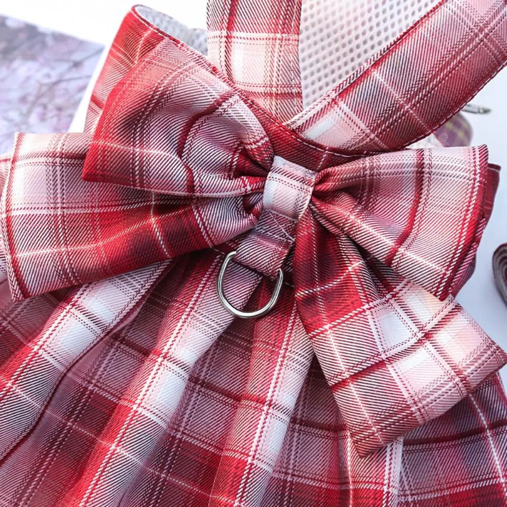 I YAN reusable plaid dog harness with leash, adjustable washable pet skirt, thin Dacron material, featuring a cute bow and rabbit design.