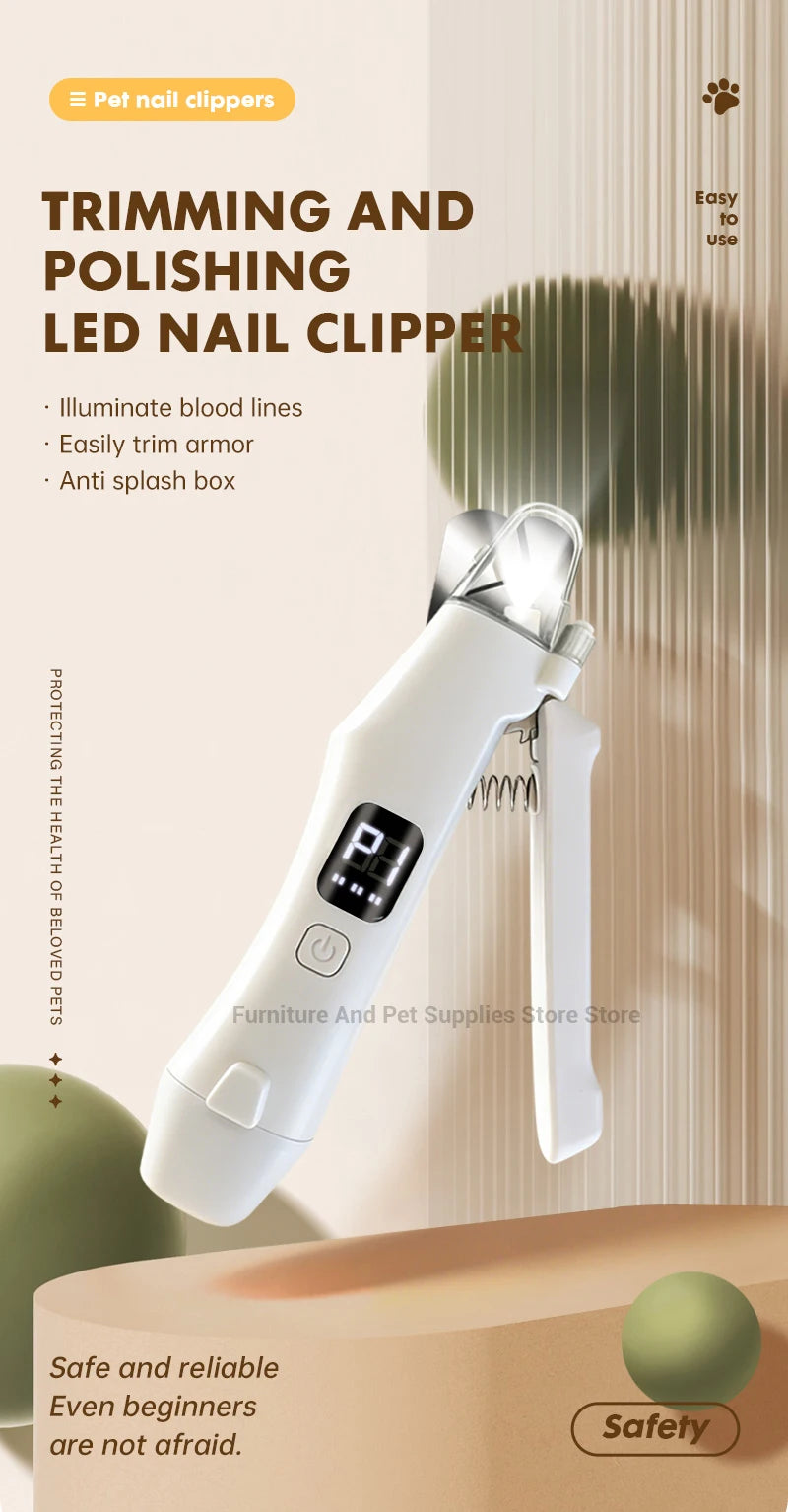 I YAN 2-in-1 electric pet nail trimmer with LED lights, showing a dog and cat nail grinder for small to large pets.