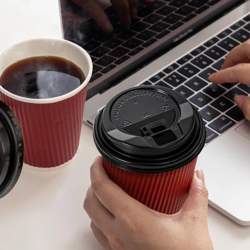30pcs 8oz  Double-Walled Insulated Corrugated Cardboard Coffee Cups Thickened Disposable Striped Portable Paper Cups With Lids
