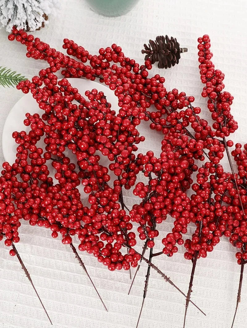 1/60PCS Christmas Red Berries Branch Artificial Holly Berry Stamen Flowers Wreath for Tree Ornaments New Year Party Home Decor
