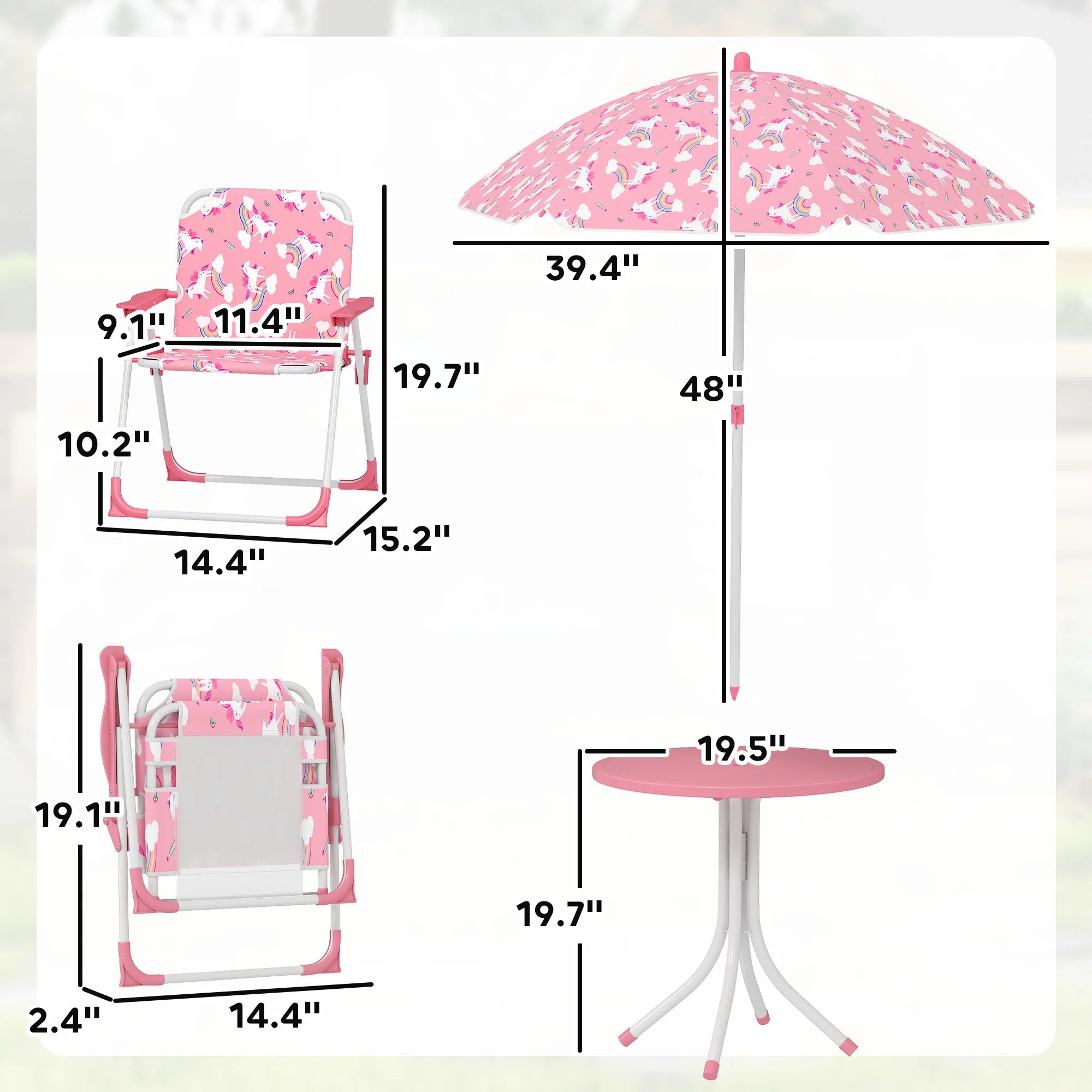 Pink kids picnic table and chair set with umbrella, includes two folding chairs, ideal for backyard, garden, or patio.