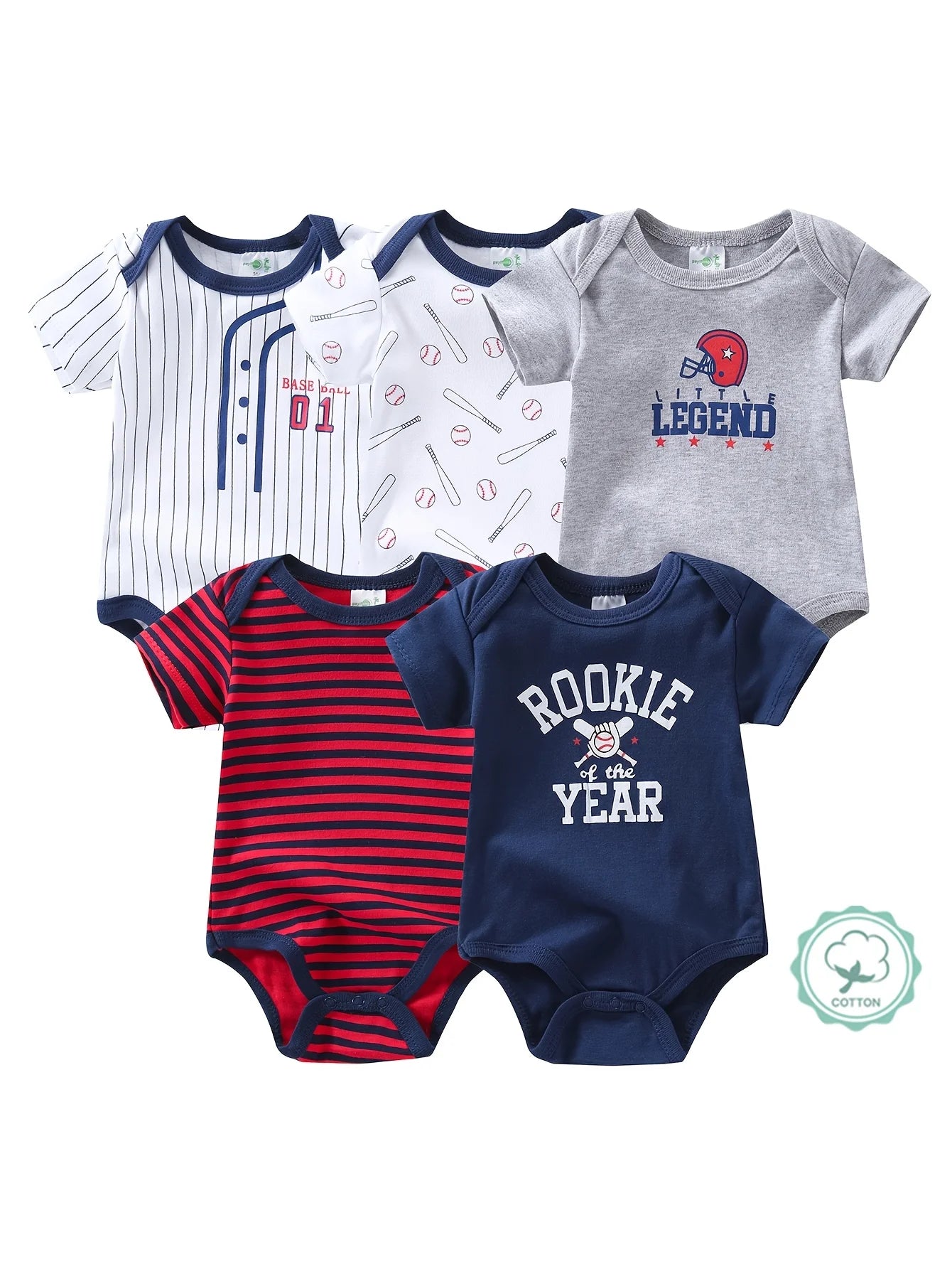 Set of 5 baby boy short sleeve rompers by I YAN, breathable cotton bodysuits for newborns and infants 0-9 months.