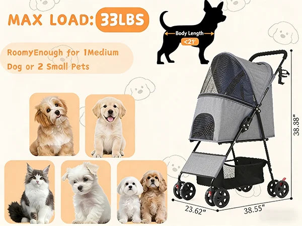 Foldable Pet Stroller Lightweight 4 Wheel Dog Stroller for Small Dogs Cats Portable Travel Pet Cart with Breathable Mesh