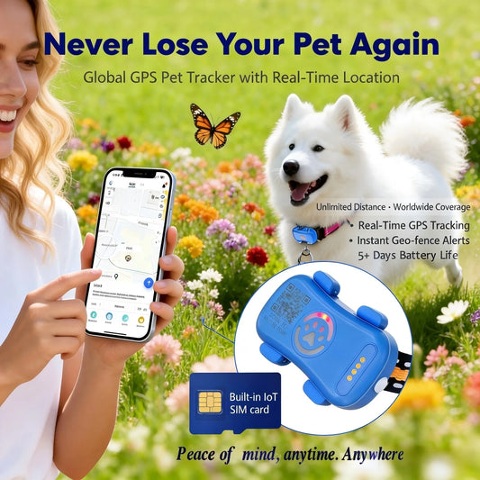 I YAN GPS pet tracker for dogs and cats with real-time 4G tracking and worldwide coverage, shown on a pet collar or device.
