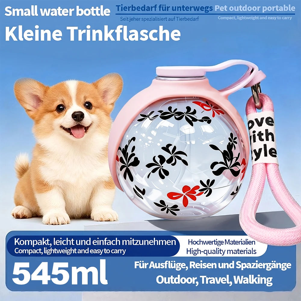 Portable I YAN pet water bottle with detachable bowl and wrist strap, leak-proof travel dispenser for pets on the go.