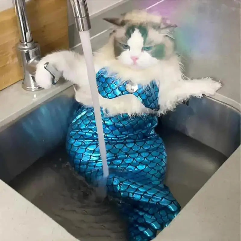 Cat Mermaid Tail Sequin Mermaid Tail Clothes For Halloween Cat Fishtail Dress-Up Comfortable & Soft Dog Outfit Funny Pet