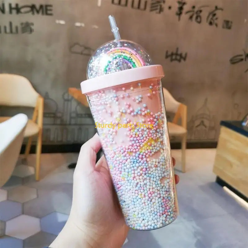 97QC 550ml Rainbow Plastic Water Bottle Double Layer Sequins Drinking Cup with Straw