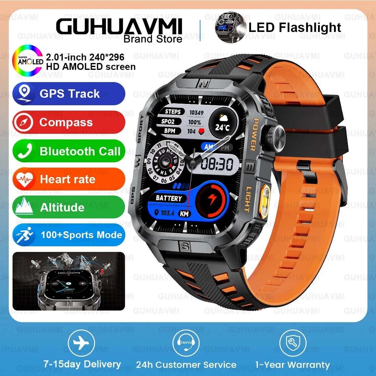 New Dual-Band Satellite GPS Smart Watch Men 2.01'' HD Screen Compass Military Flashlight Watches Waterproof Swim Smart Bracelet
