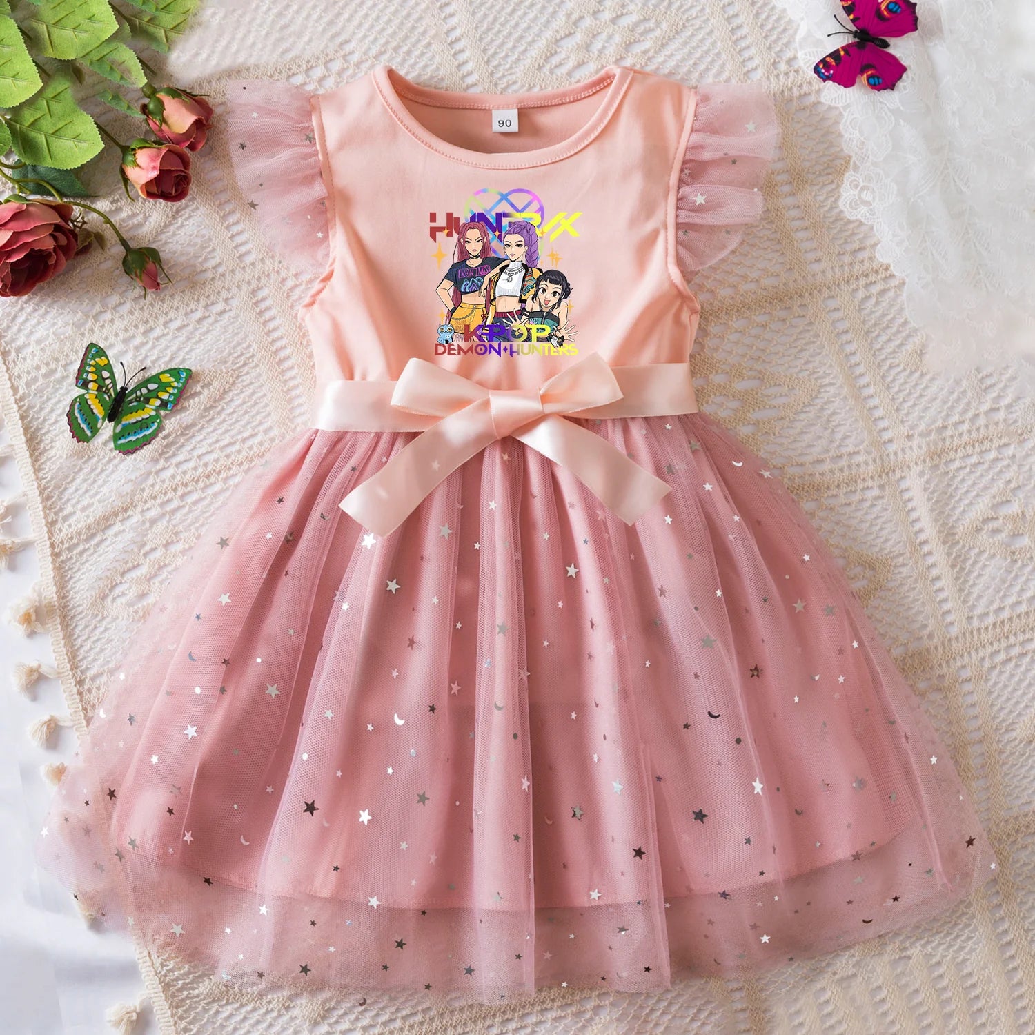 K-Pop Hunters Zoey Rumi Girls Sequin Tutu Dress with Bow Flutter Sleeves Summer Princess Party Outfit for Toddler Kids 2-6 Years