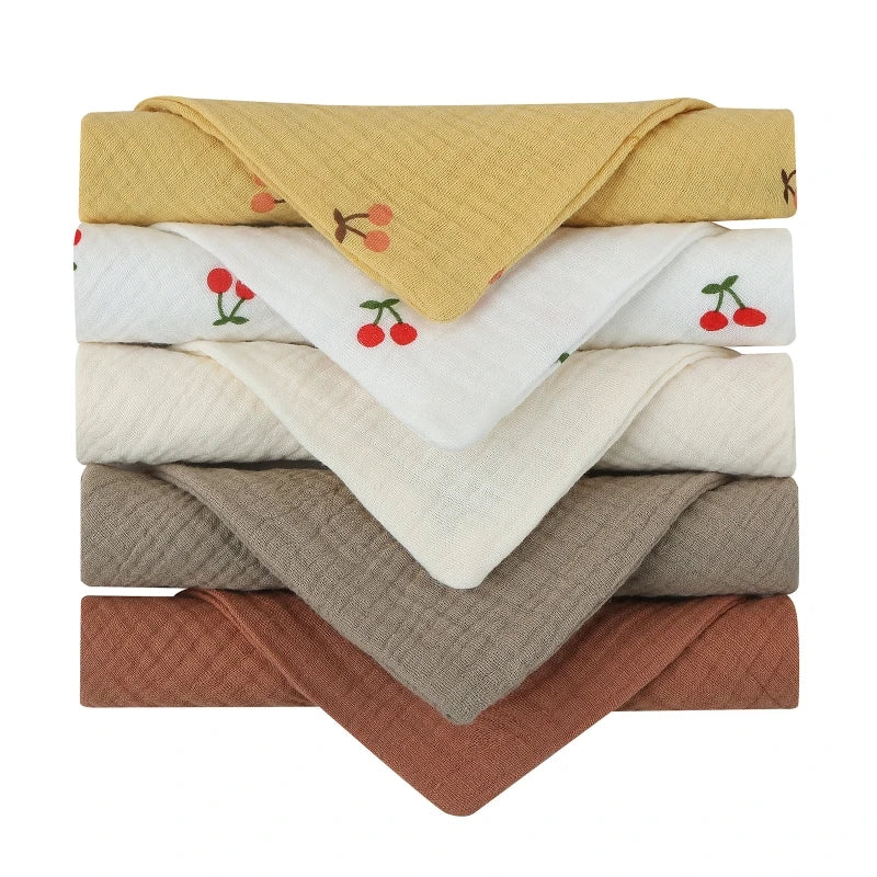 Set of 5 I YAN square cotton baby face towels and burp cloths with soft, absorbent gauze for kids feeding and cleaning.