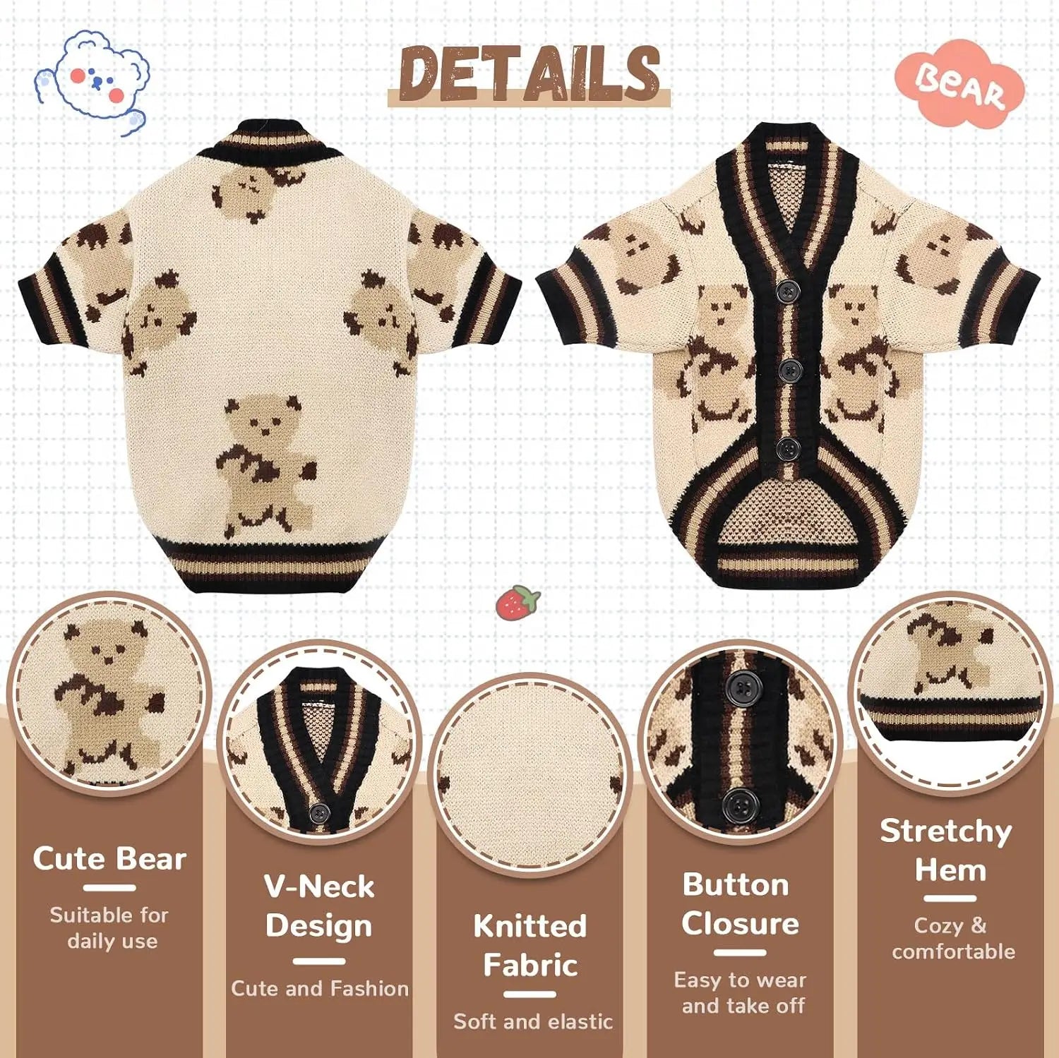 Small Dog Sweater Cute Bear Cardigan for Small Medium Dogs Boy Girl Puppy Cat Knit Autumn Coat Warm Soft Pet Apparel