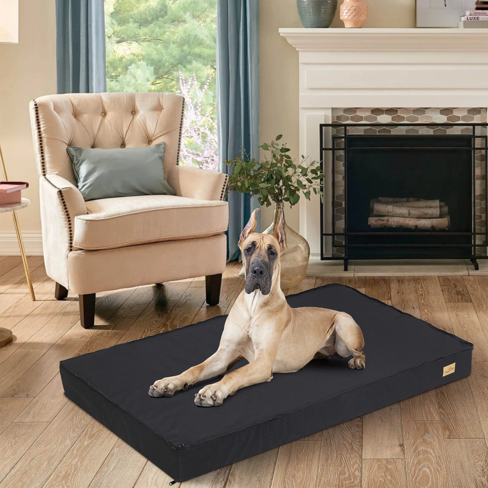 I YAN jumbo dog bed with orthopedic memory foam base, washable cover, waterproof design, suitable for large dogs in crate or as cushion.