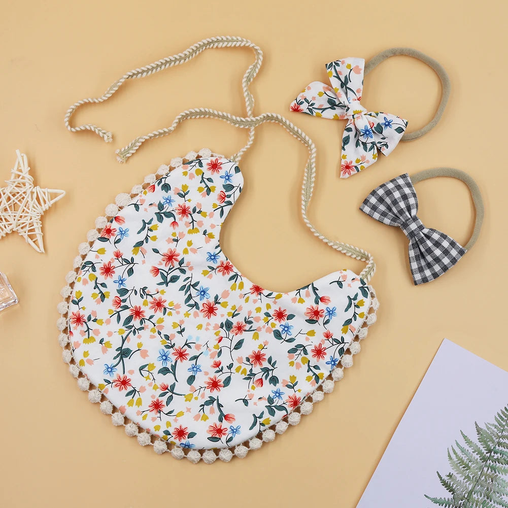 I YAN 3-piece set of baby bibs, headbands, and burp cloths with flower print cotton linen, ideal for feeding and salivary protection.