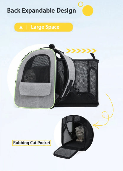 Expandable I YAN cat carrier backpack with shade cover and breathable mesh for small cats and dogs, ideal for travel.
