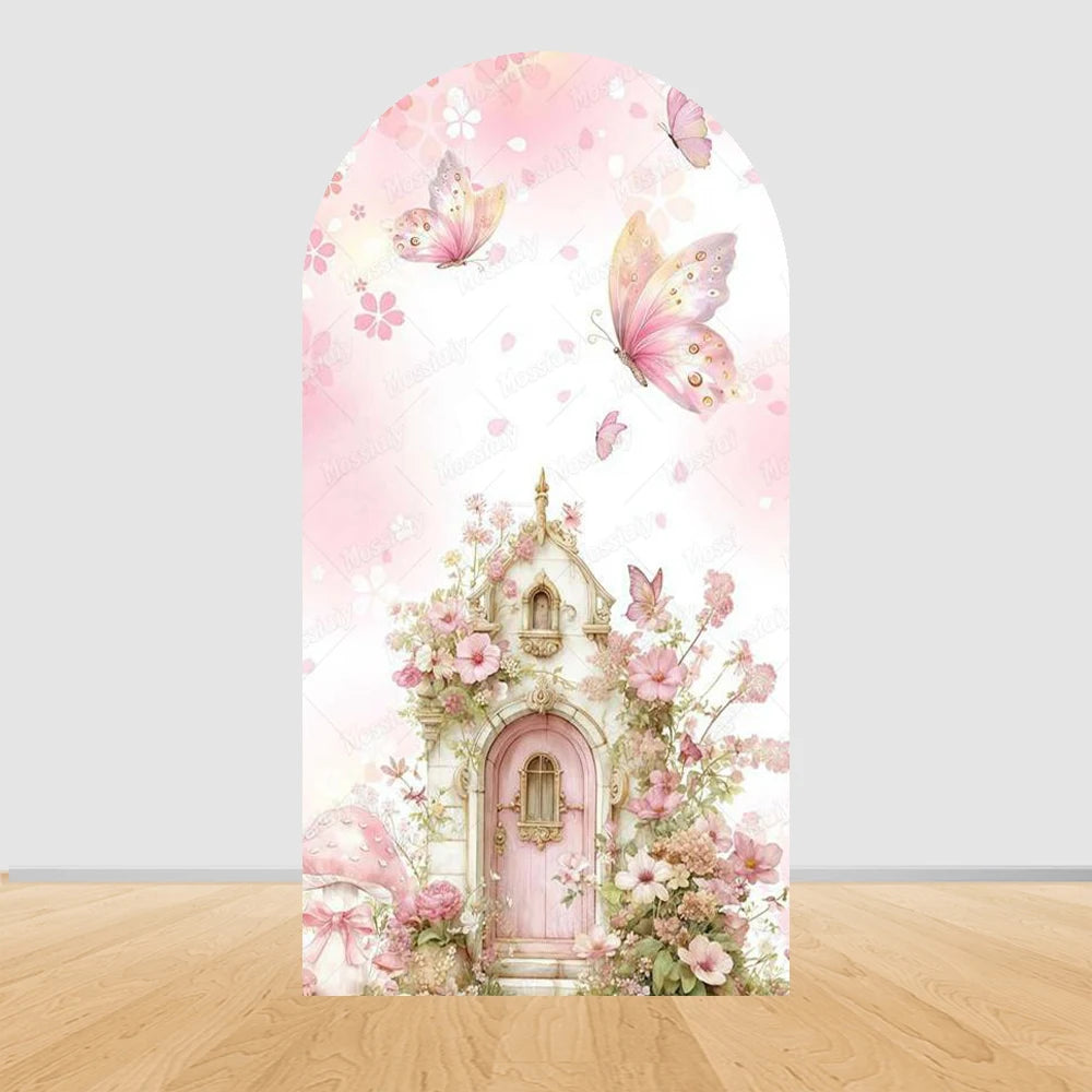 Fairy First Birthday Arch Cover Background Flower Pink Mushroom Door Ballet Girl Baby Shower Party Decor Photo Arch Backdrops
