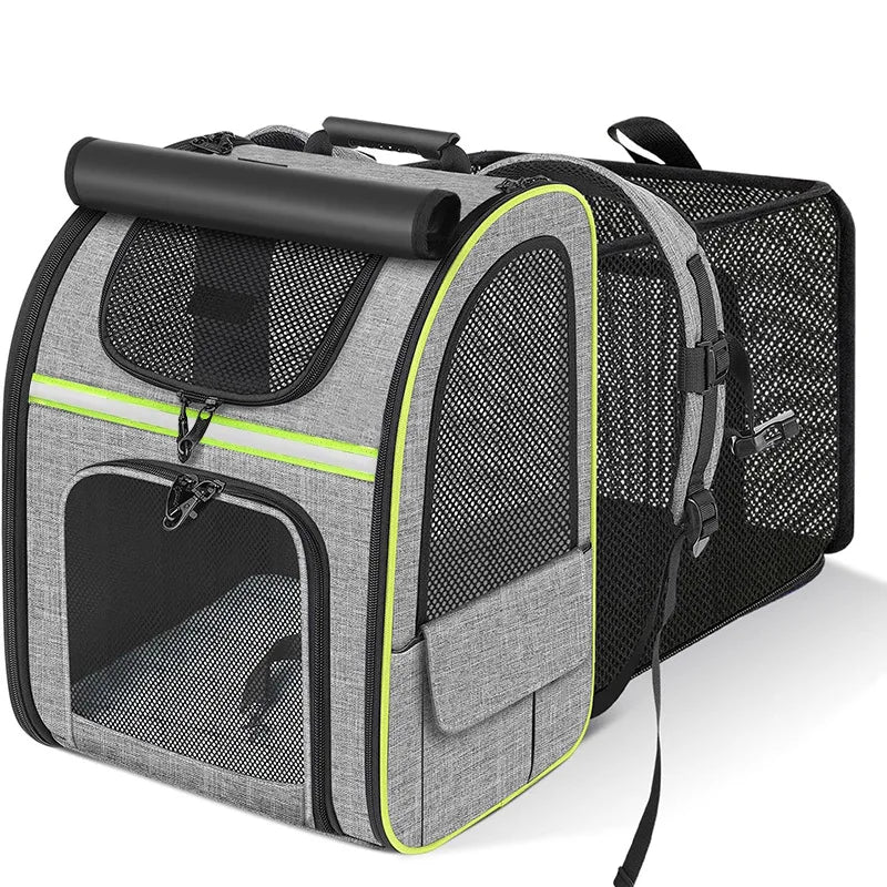 Expandable I YAN cat carrier backpack with shade cover and breathable mesh for small cats and dogs, ideal for travel.