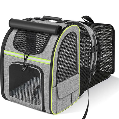 Expandable I YAN cat carrier backpack with shade cover and breathable mesh for small cats and dogs, ideal for travel.