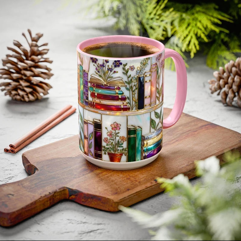 Stained-Glass Style Floral Bookshlef Mug,Book Lover Gift,Bookish Mug Clorful Resin Books Stack Coffee Cup Collection Gifts