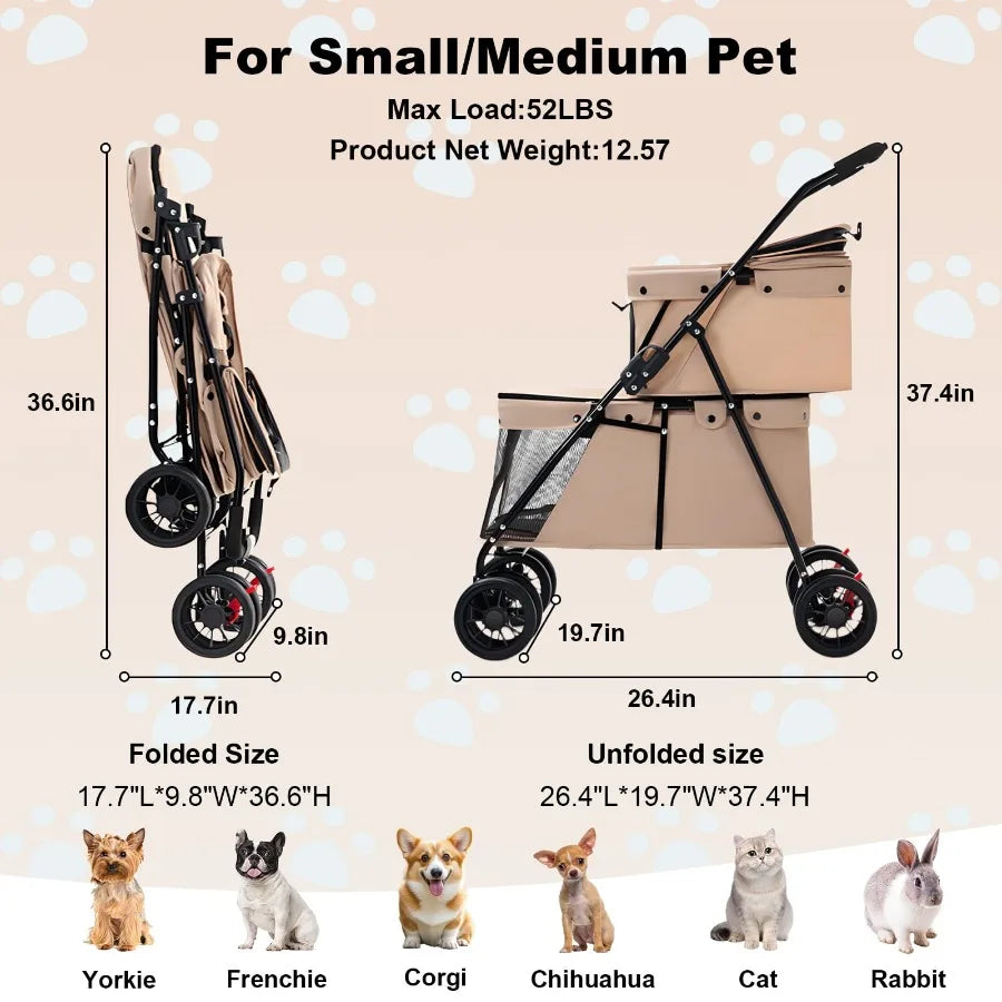 I YAN double layer foldable pet stroller with breathable mesh windows, lightweight 4-wheel design for small cats and dogs.