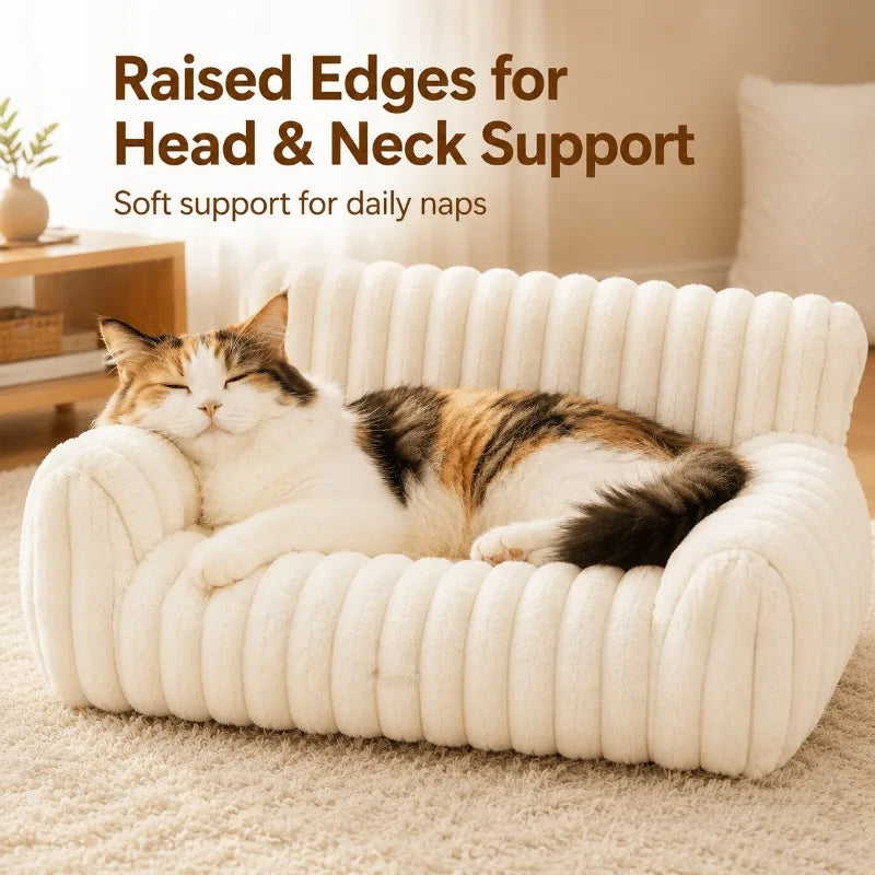Cute I YAN cat couch with soft corduroy fleece, fuzzy pet bed with removable washable cover, supportive sofa for indoor cats.