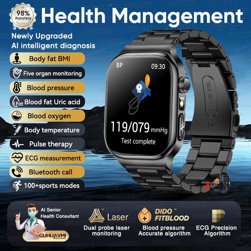 2025 New Precision detection ECG+PPG Uric acid Blood Fat SmartWatch Men Blood Pressure Blood oxygen Voice Call Health Smartwatch