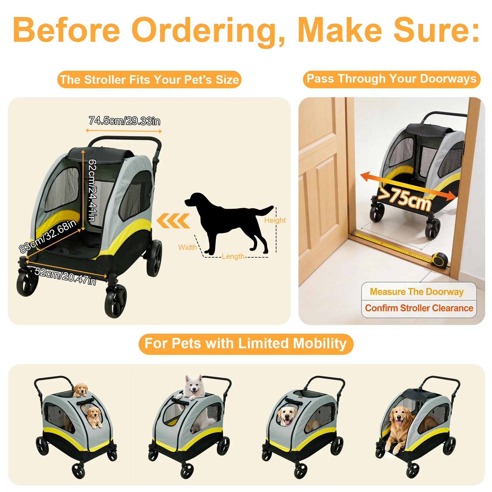 Premium Dog Stroller Pram 4 Wheel Foldable Cart Travel Walk Pet Jogger Wagon for Small Medium Large Dogs