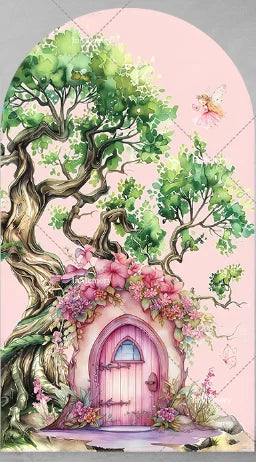 Fairy Girl 1st Birthday Party Arch Backdrop Spring Garden Pink Purple Butterfly Floral Mushroom Door Baby Shower Backgrounds