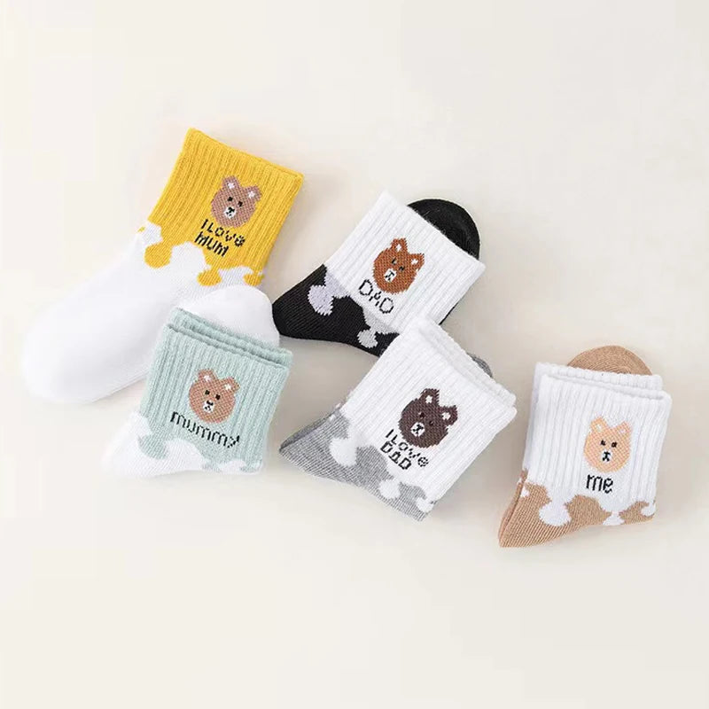 Set of five I YAN Baby Bear Family Socks featuring cute cartoon bear designs for newborns and toddlers.