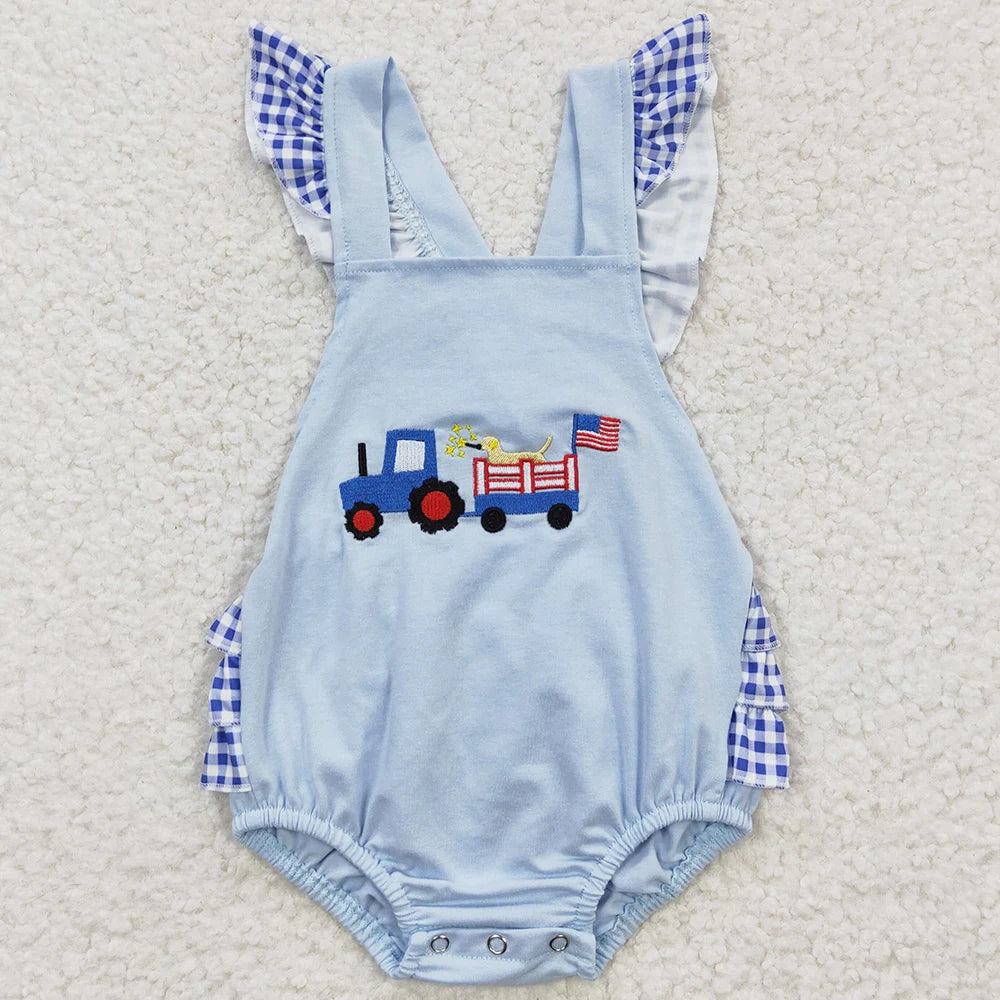 Pink 4th of July baby girl romper by I YAN with dog print, toddler girls bubble bodysuit, perfect for holiday sibling matching.