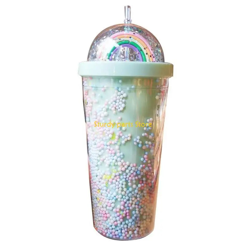 97QC 550ml Rainbow Plastic Water Bottle Double Layer Sequins Drinking Cup with Straw