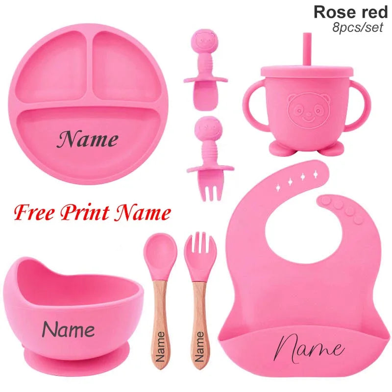 Personalized Baby Feeding Set 8-Piece – Silicone Plate Bowl Cup & Bib with Free Name Print - I YAN