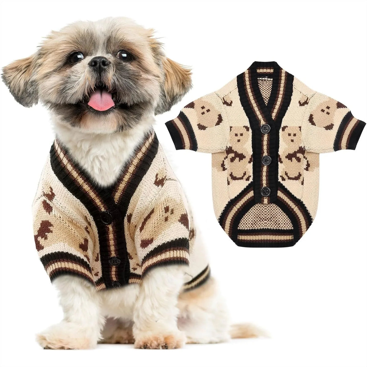 Cute bear knit cardigan sweater for small dogs and cats by I YAN, featuring warm, cozy autumn pet coat with bear design.