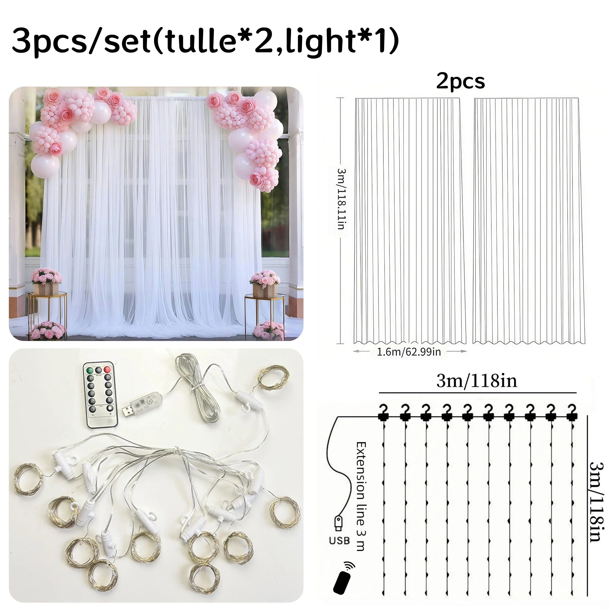 3pcs/set Tulle Backdrop Curtains, Optional  Curtains Light, for Birthday Party Wedding Graduation Betrothal Photography Backdrop