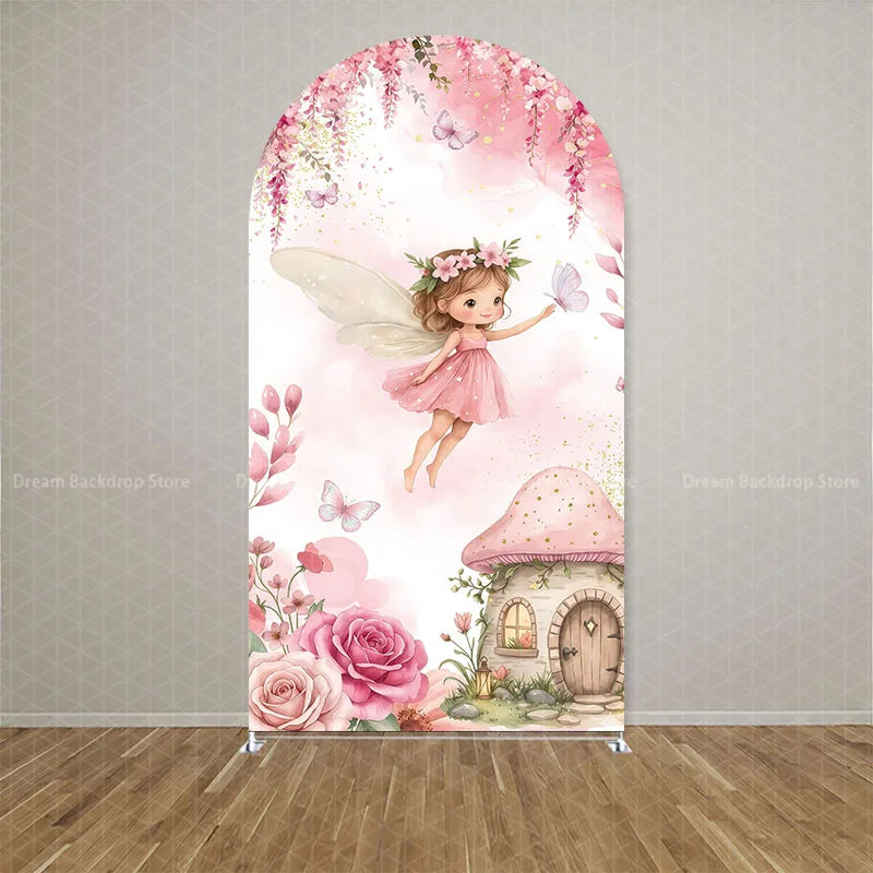 Custom Double-sided Wonderland Fairy Mushroom Butterfly Arch Backdrop Cover Girls Birthday Party Baby Shower Decor Background