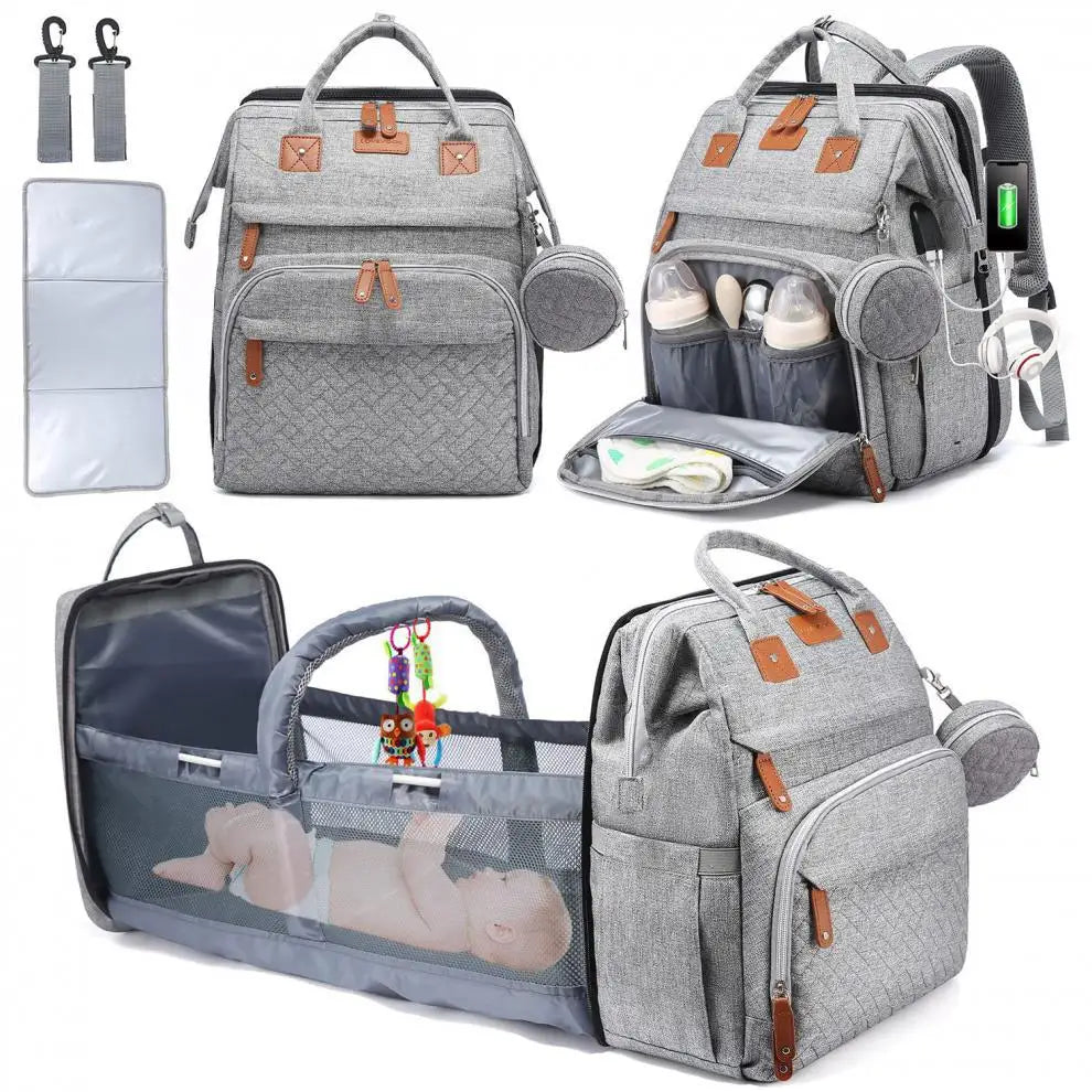 5In1 Diaper Bag Backpack Foldable Baby Bed Waterproof Bag with USB Charge Nappy Stroller Bag with Changing Bed 3Types for Travel