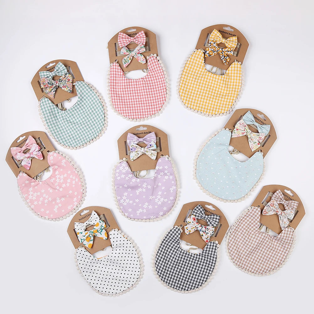 Set of 3 flower print cotton linen baby bibs, elastic nylon headbands, and double-deck saliva towels for feeding and burping by I YAN.