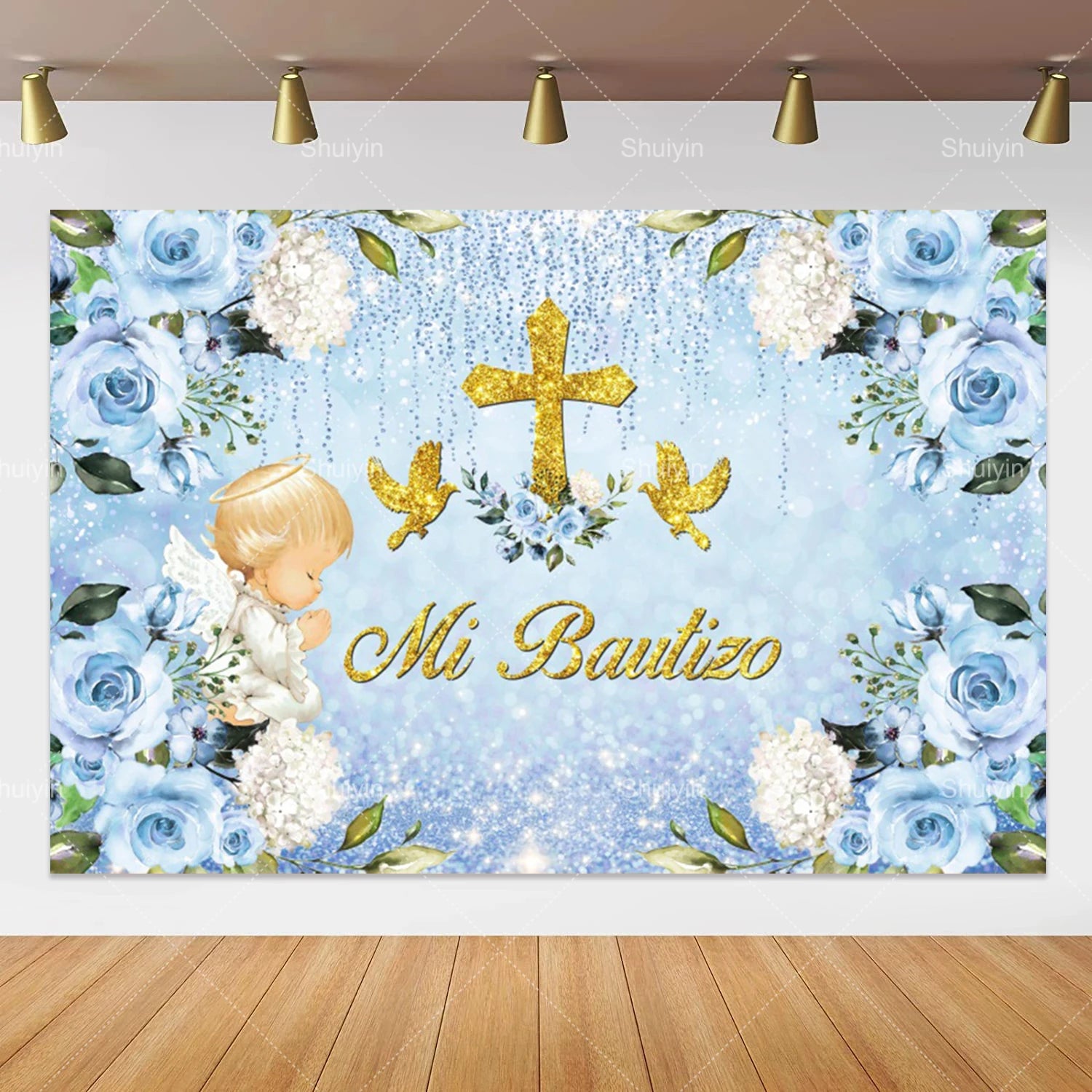 Boy Girl First Communion Backdrop Gold Cross Grail God Bless Baptism Party Decor Background Christening Baby Shower Photo Props