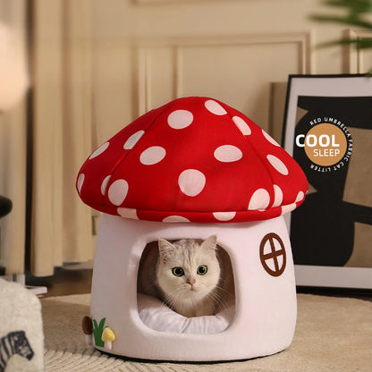 I YAN mushroom-shaped cat bed with scratching surface, spacious and cozy for cats to relax, stretch, and play comfortably.