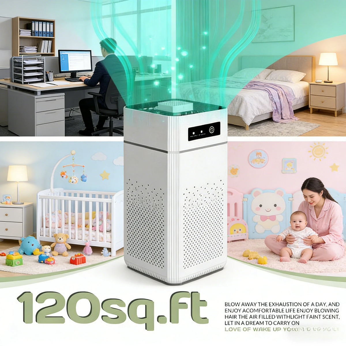 I YAN HEPA air purifier for home and bedroom with 360° air intake, low noise operation, USB-powered, ideal for pollen, smoke, and allergies