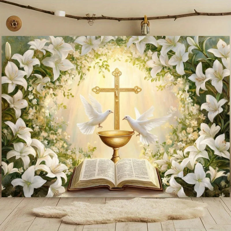 First Holy Communion Backdrop Flower Gold Cross Decor Boy Girl Baby Shower My Baptism Birthday Party Photography Background Prop