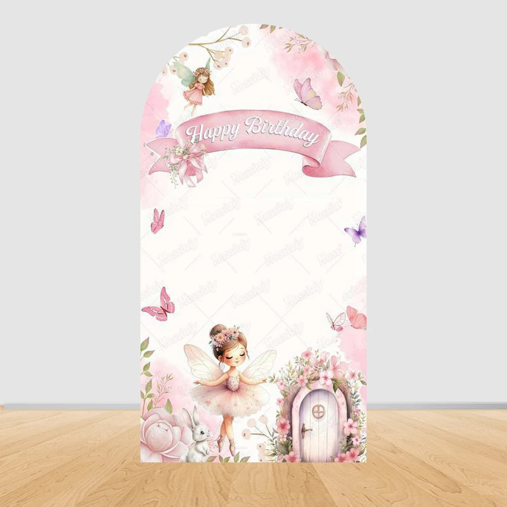 Fairy First Birthday Arch Cover Background Flower Pink Mushroom Door Ballet Girl Baby Shower Party Decor Photo Arch Backdrops