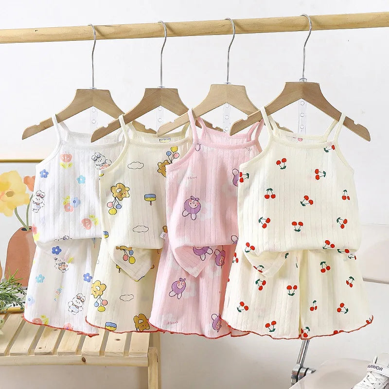 Baby girl and boy summer clothes set by I YAN, cotton strap suits with printed tops and shorts for toddlers and infants.