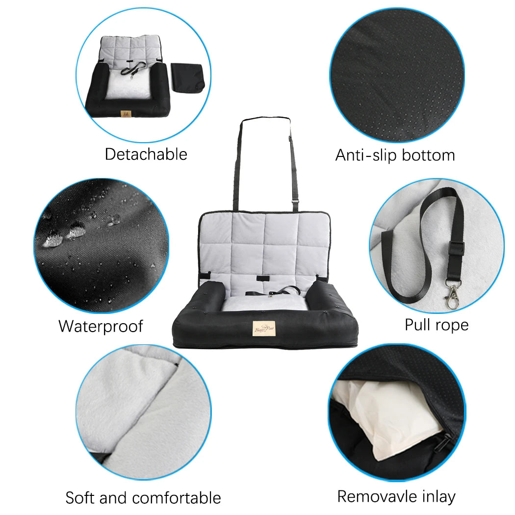 Waterproof I YAN dog car seat bed with removable pad, safety belt, available in three sizes, designed for pet comfort and safety.