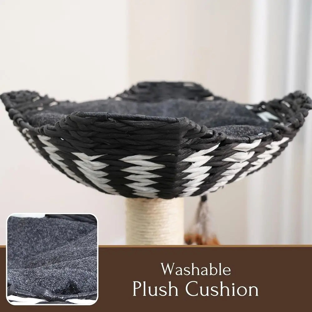 Handwoven Cat Tree with Condo, Top Bed & Sisal Posts - 2 Platforms, Recycled Paper Rope, Replaceable Sisal, Black & White