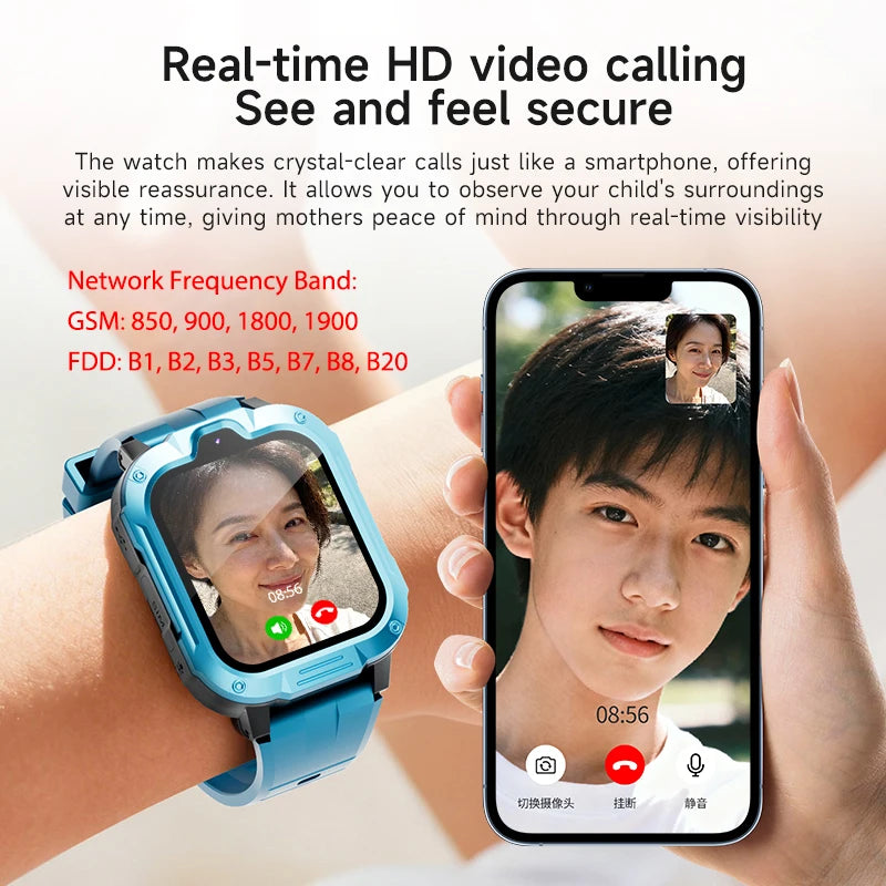 I YAN kids smartwatch with GPS, WiFi, video call, and 800mAh battery, showing the watch with colorful display and children wearing it.