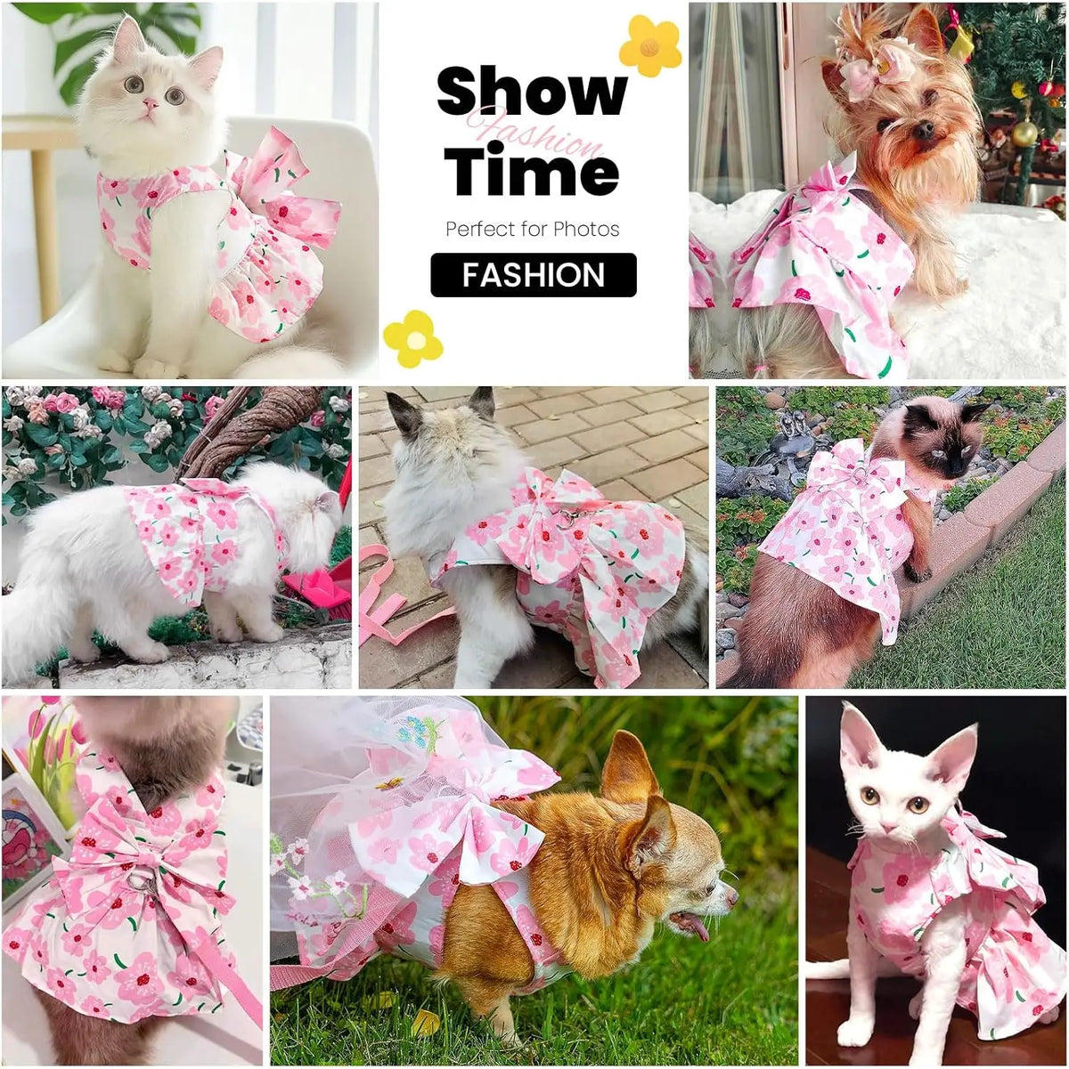 Cute small dog dress by I YAN featuring summer floral design, bow, and harness set for holiday or birthday celebrations.