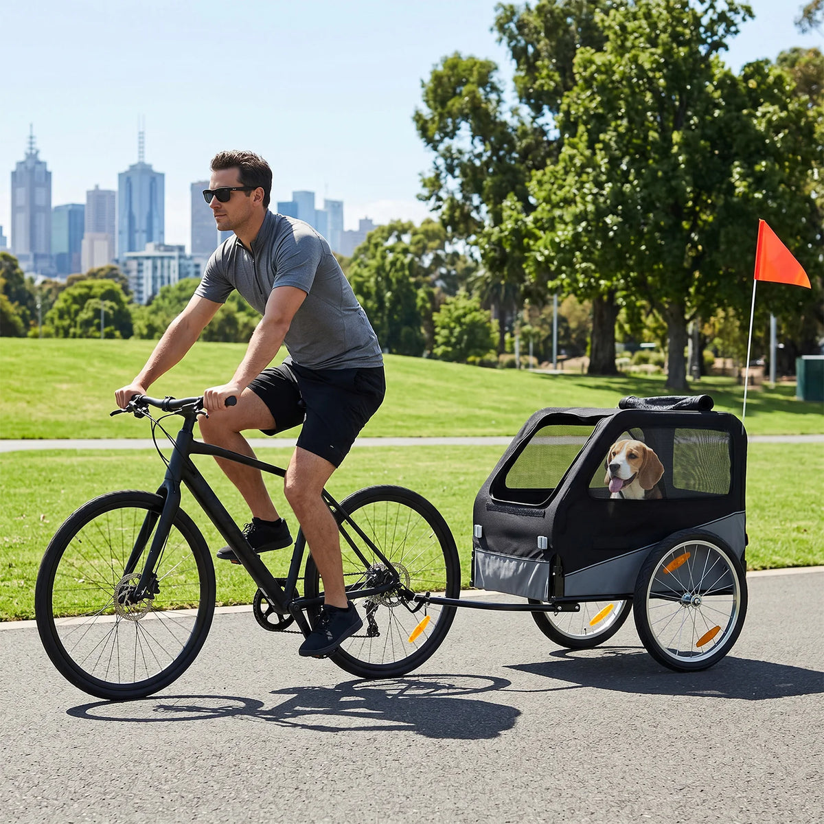 Foldable I YAN dog bike trailer with steel frame, Oxford fabric, mesh window, reflectors, suitable for medium to large dogs and cats.